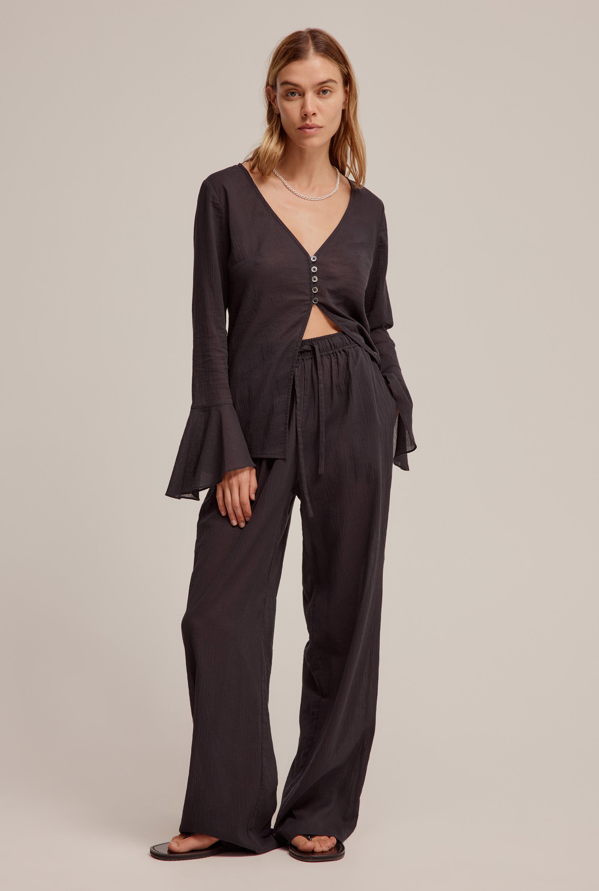 Crinkle Cotton Wide Leg Pant - Black