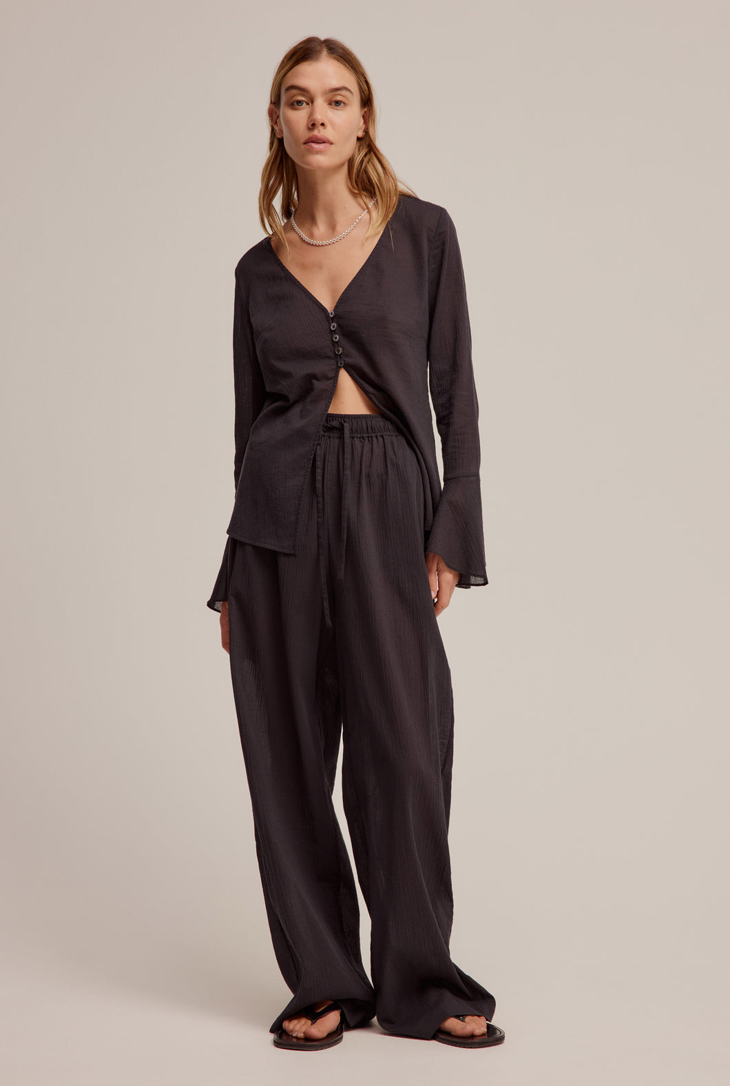 Crinkle Cotton Wide Leg Pant - Black