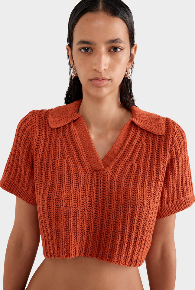 Crochet Cropped Polo - Brick