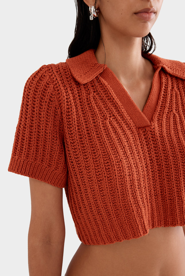 Crochet Cropped Polo - Brick