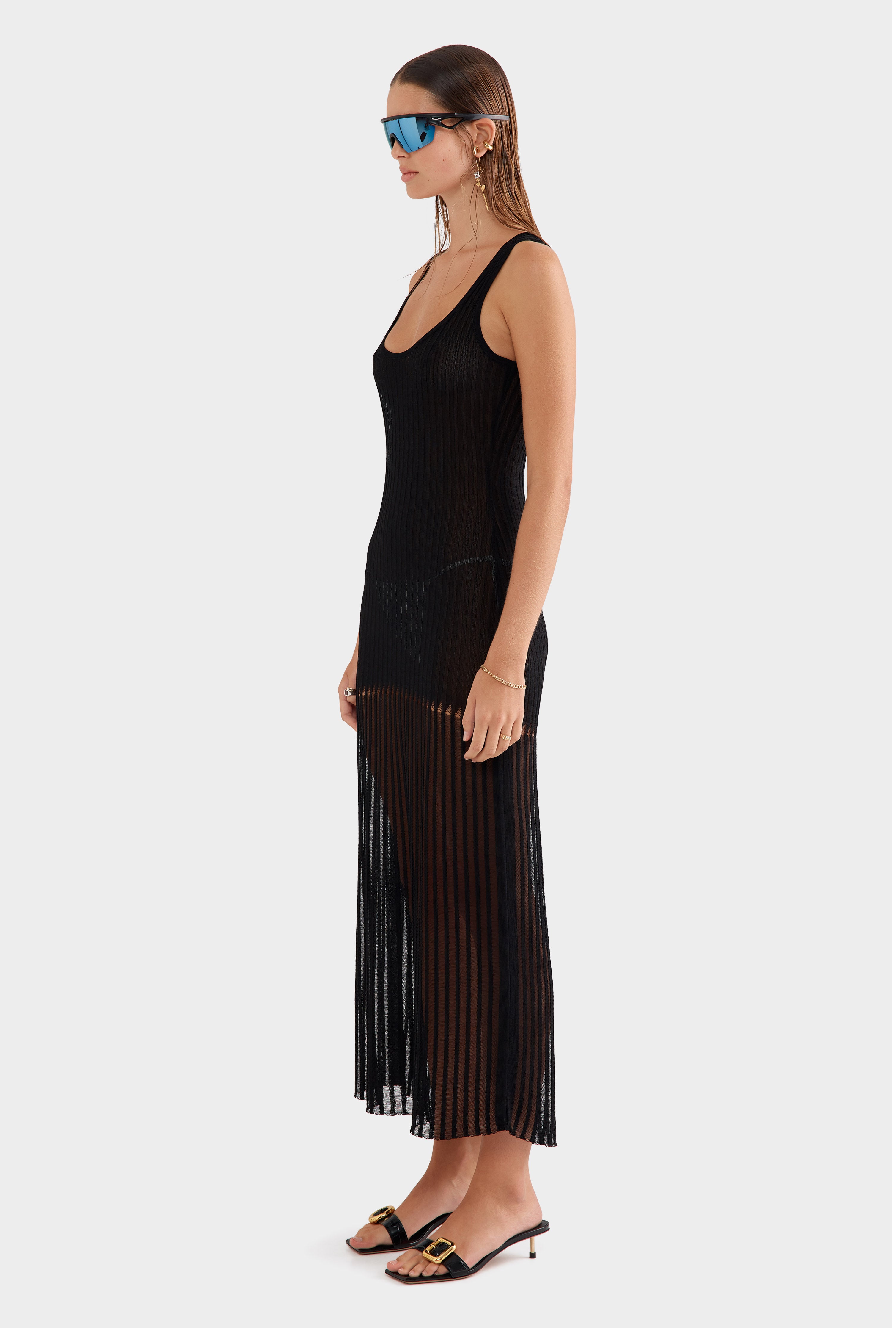 Drop Needle Rib Knitted Tank Dress - Black