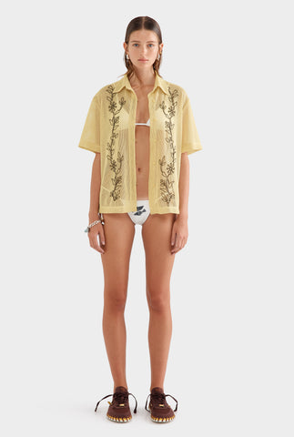 Embroidered Mesh Relaxed Short Sleeve Shirt - Raffia/Brown