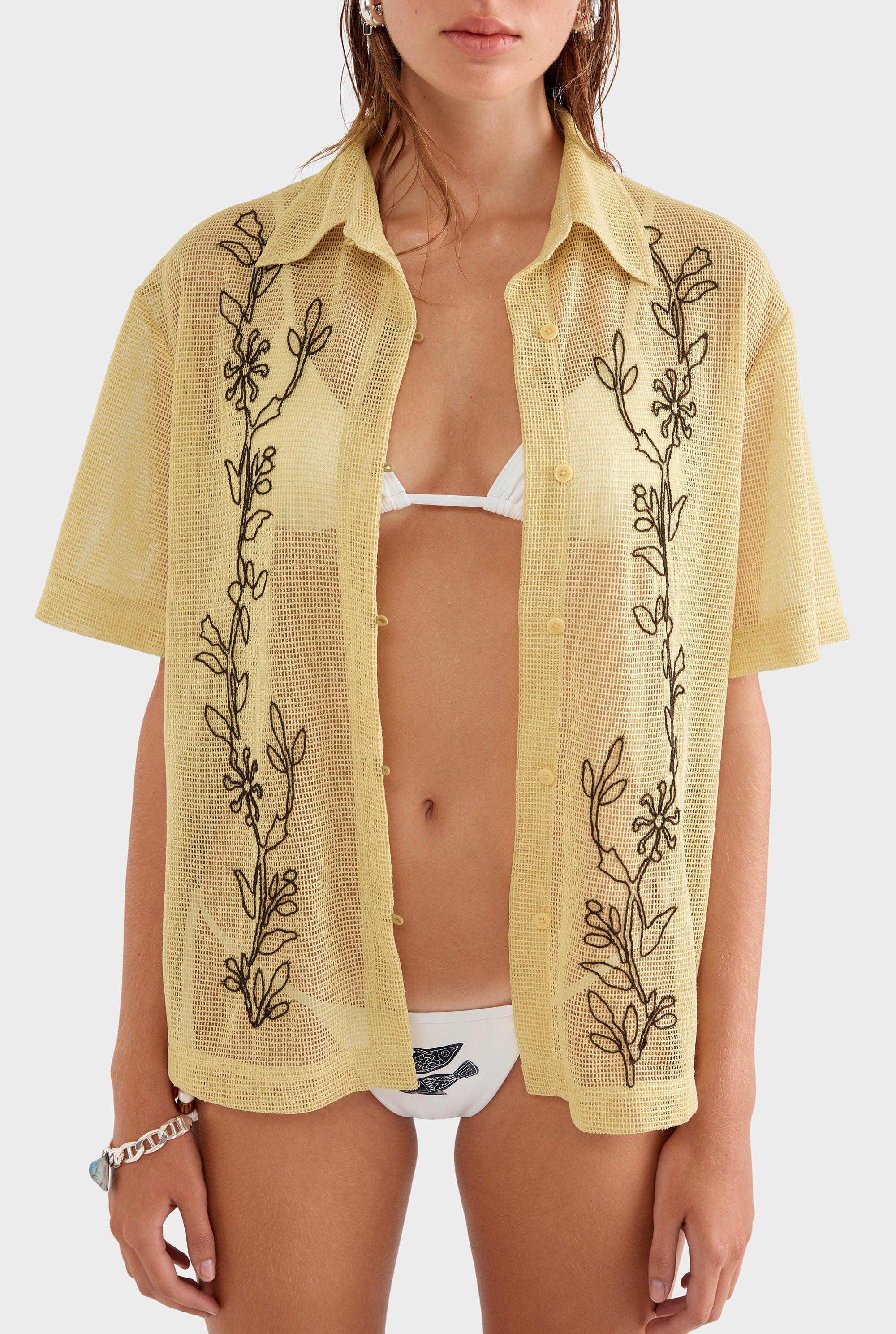 Embroidered Mesh Relaxed Short Sleeve Shirt - Raffia/Brown