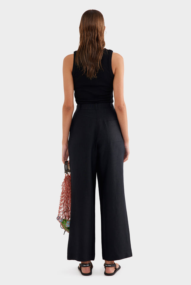 Fixed Waist Linen Trouser - Black