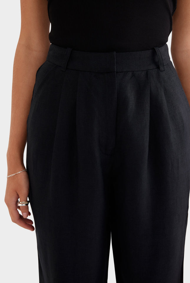 Fixed Waist Linen Trouser - Black