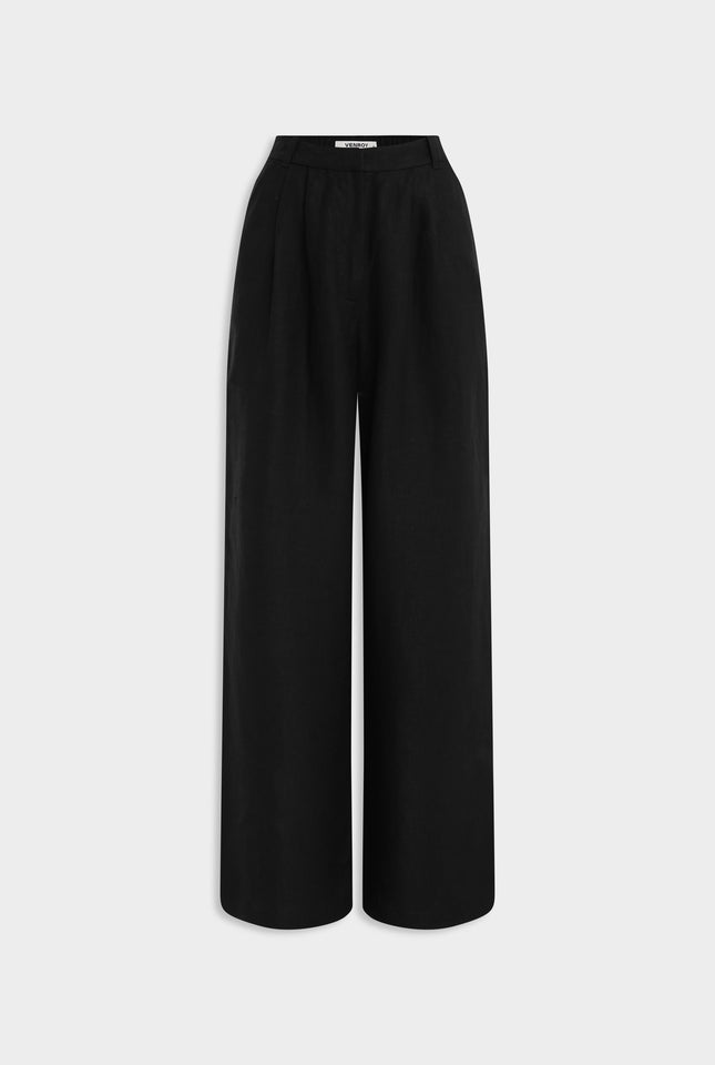 Fixed Waist Linen Trouser - Black