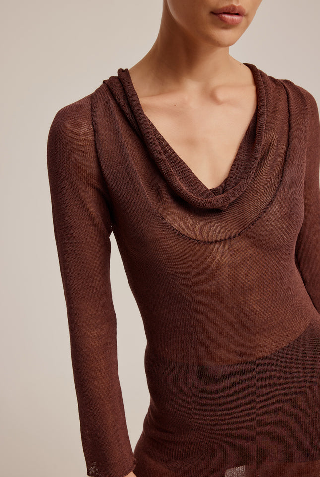 Long Sleeve Knitted Cowl Neck Dress - Clove