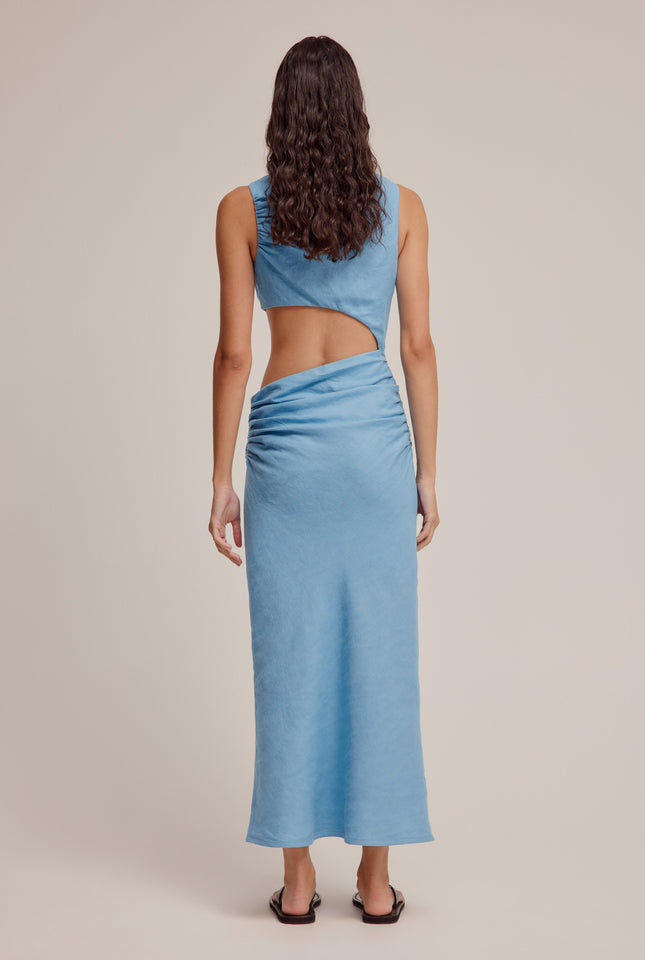 Linen Cut Out Dress - Bright Blue