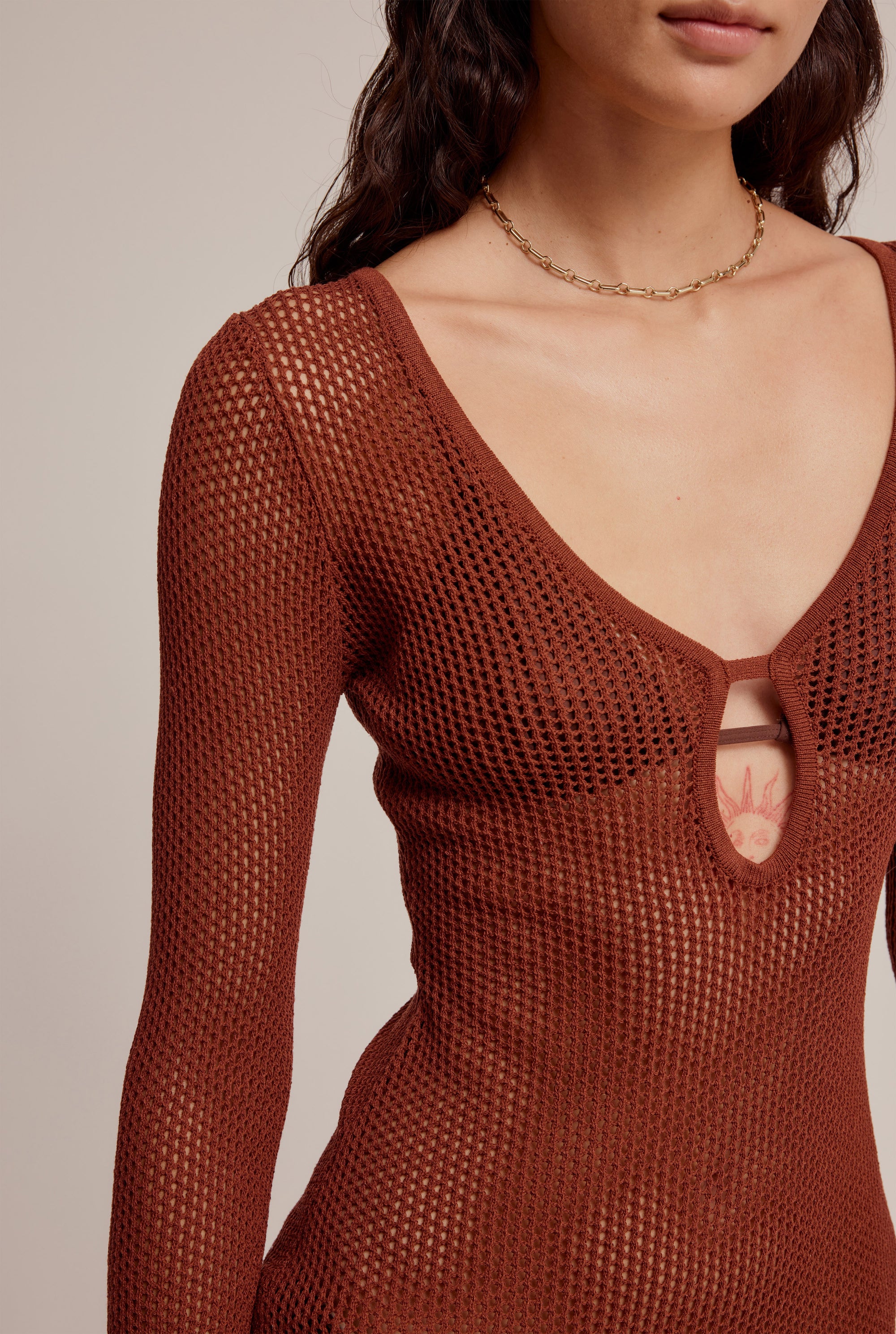 Long Sleeve Crochet Mini Dress - Cherry Mahogany