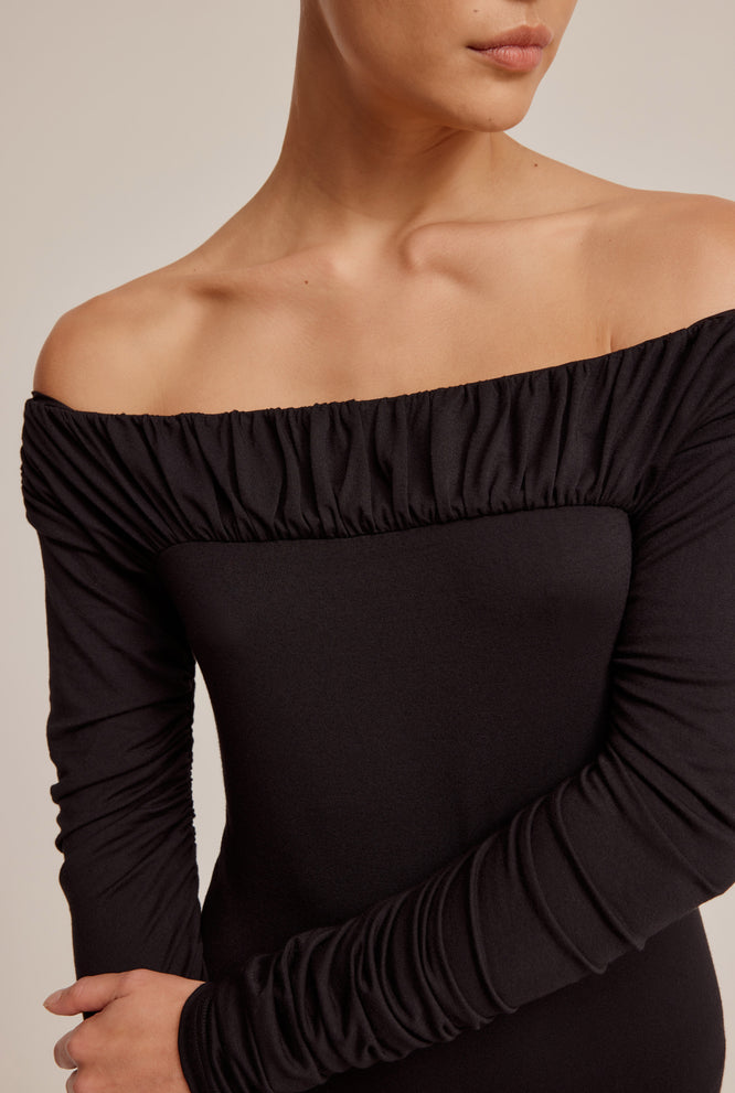 Off Shoulder Ruched Jersey Dress - Black