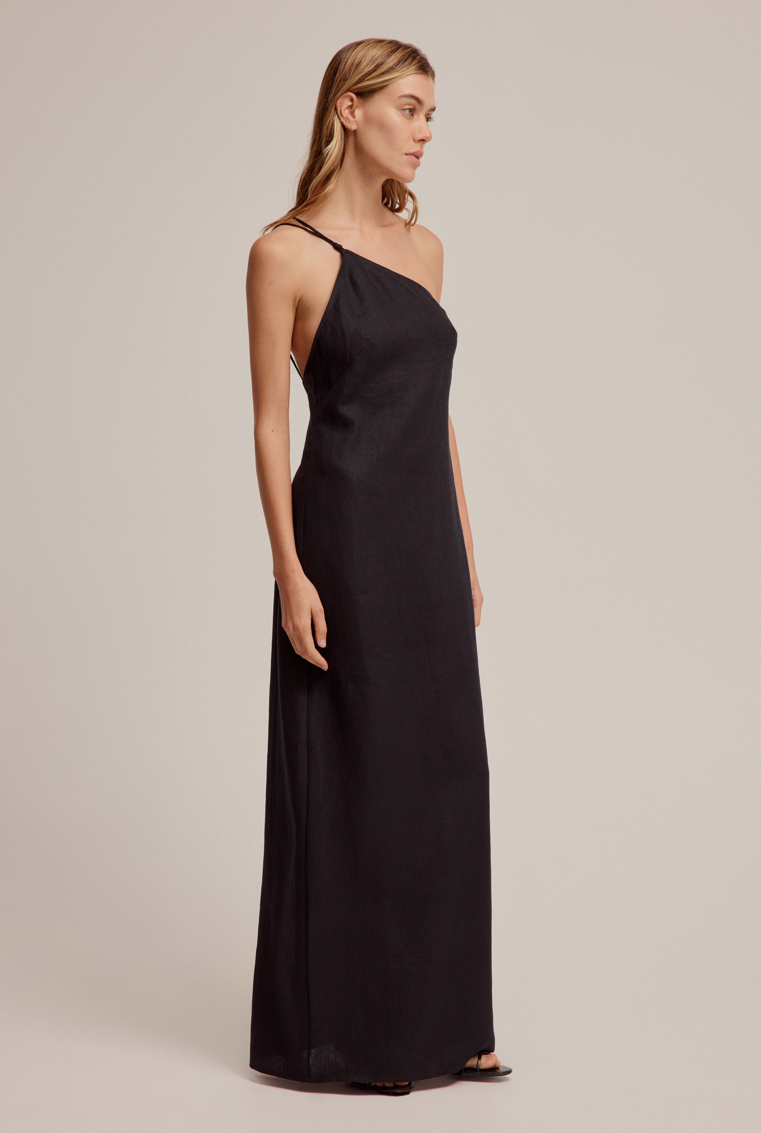 One Shoulder Linen Dress - Black