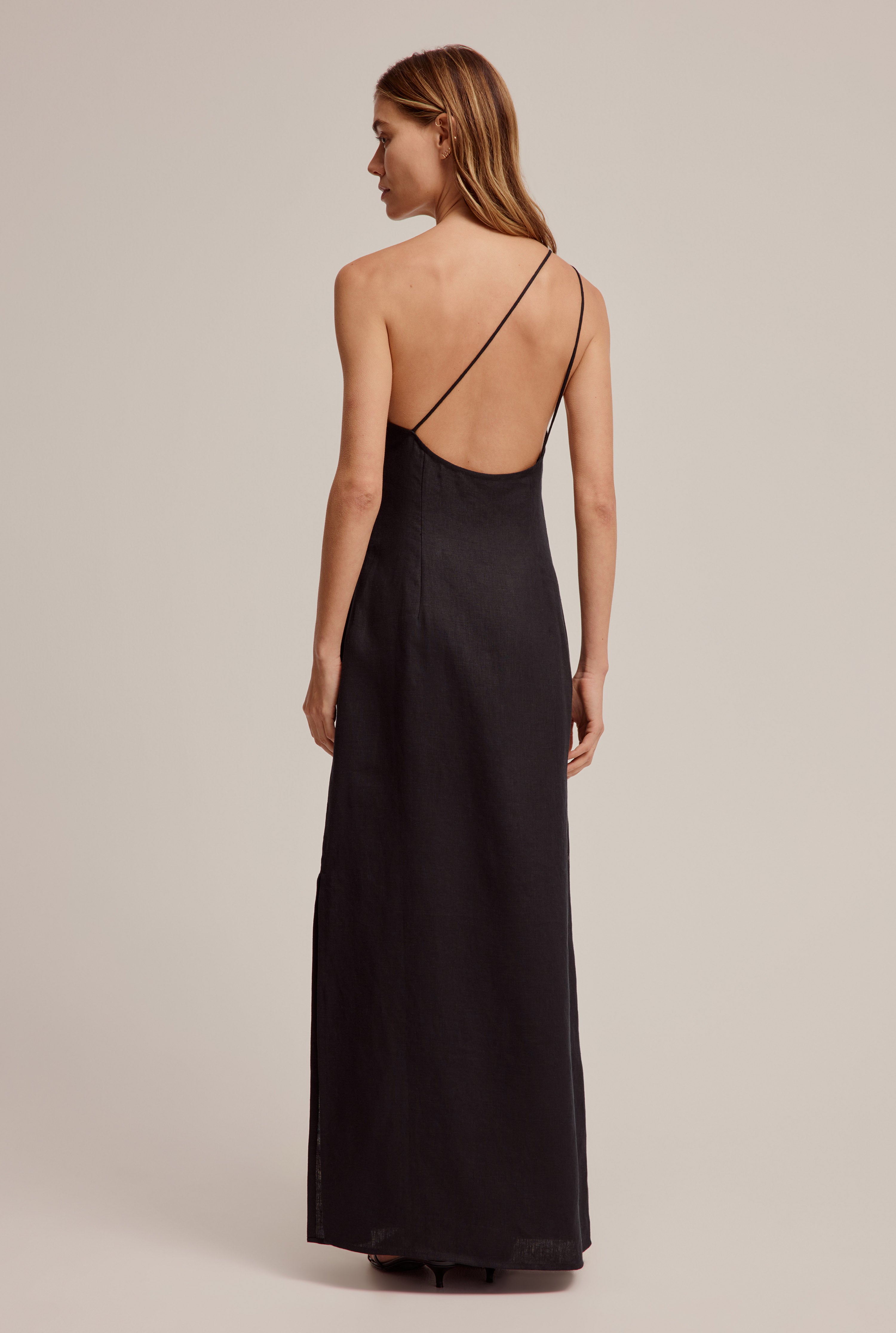 One Shoulder Linen Dress - Black
