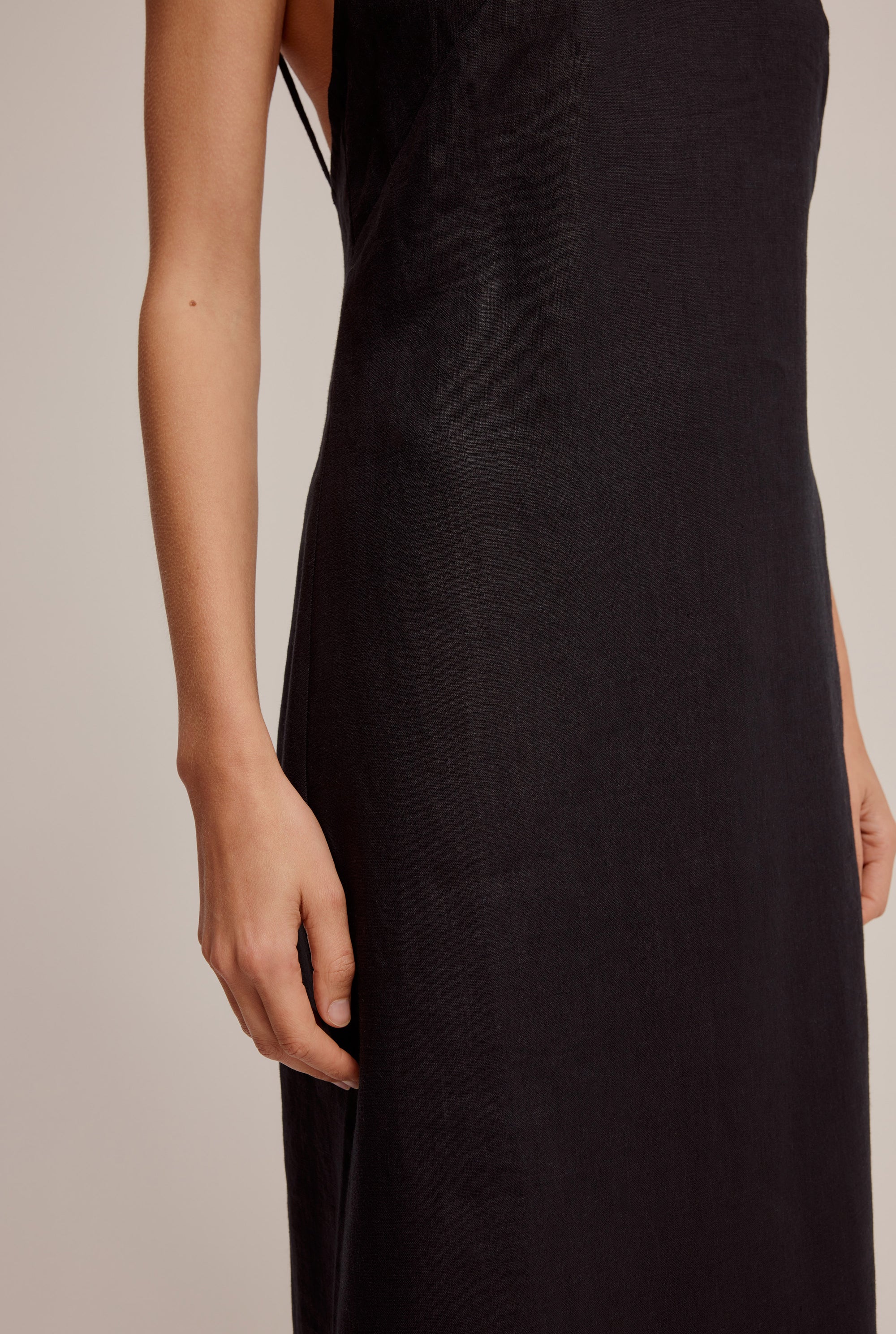 One Shoulder Linen Dress - Black