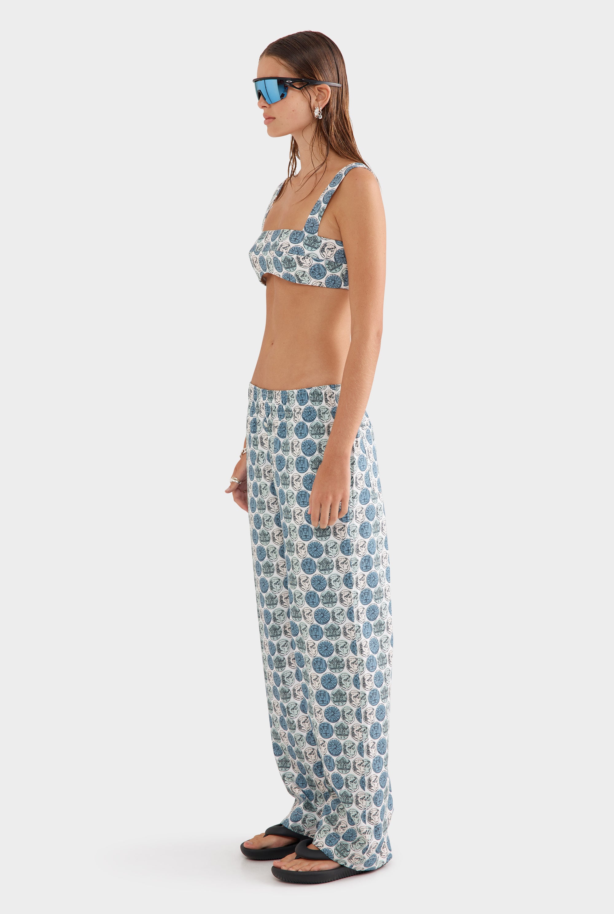 Printed Cotton Poplin Pant - Aqua Gray Grecian Coins