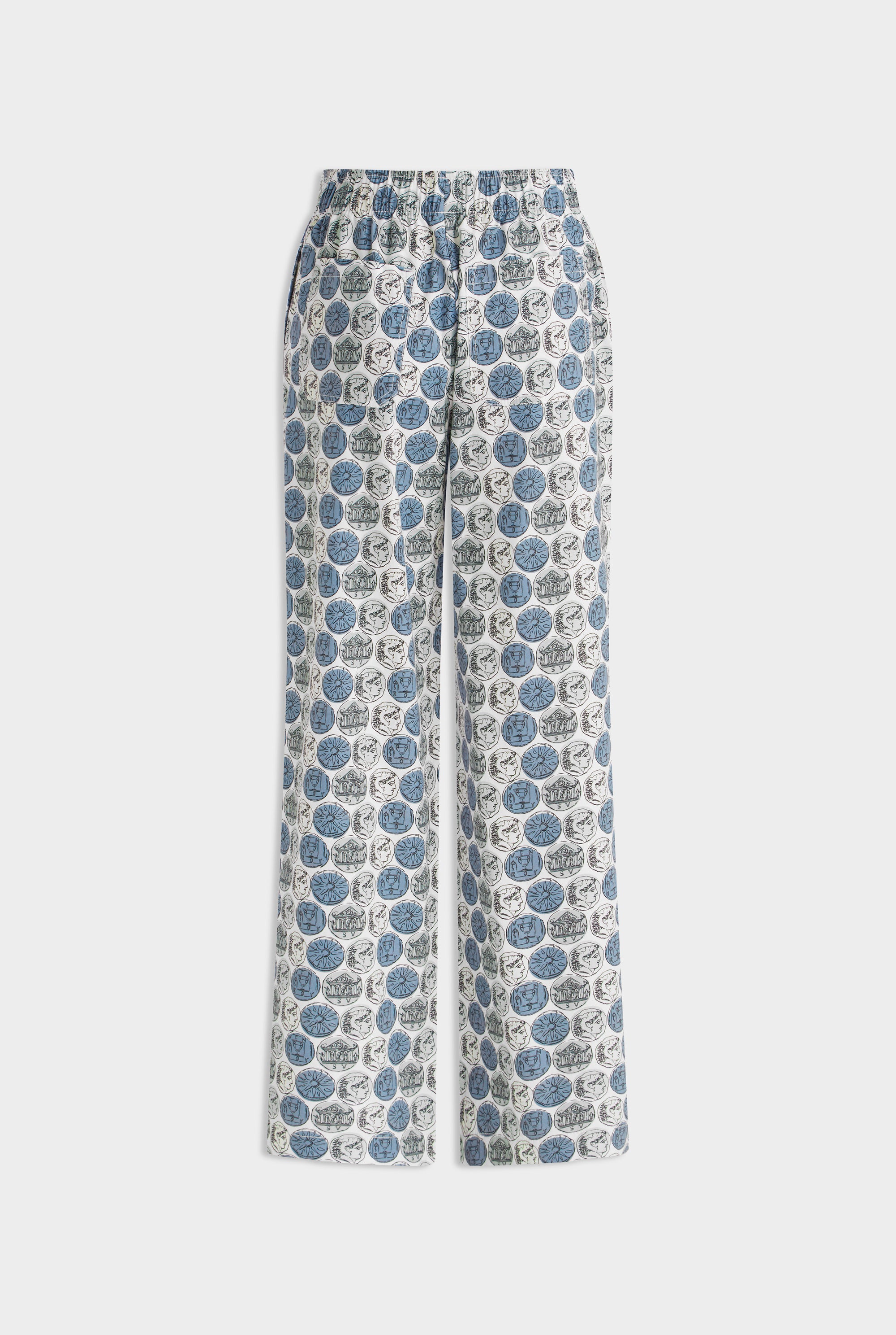 Printed Cotton Poplin Pant - Aqua Gray Grecian Coins