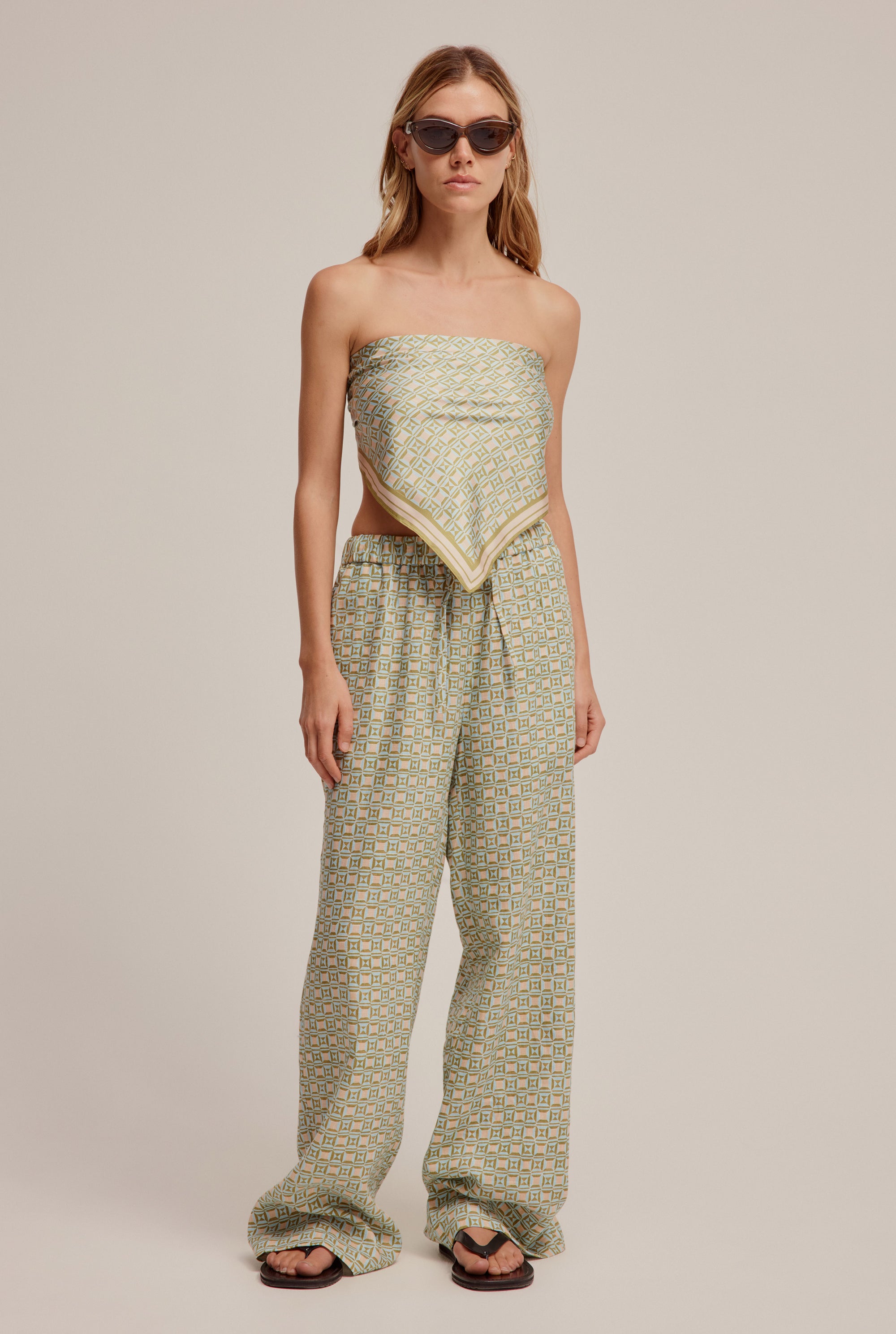 Printed Linen Wide Leg Pant - Green/Peach Geo