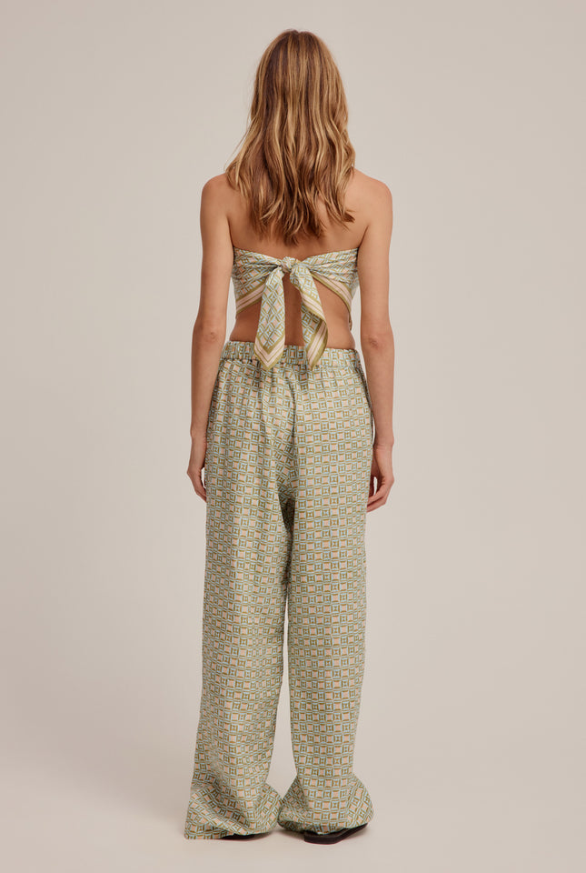 Printed Linen Wide Leg Pant - Green/Peach Geo