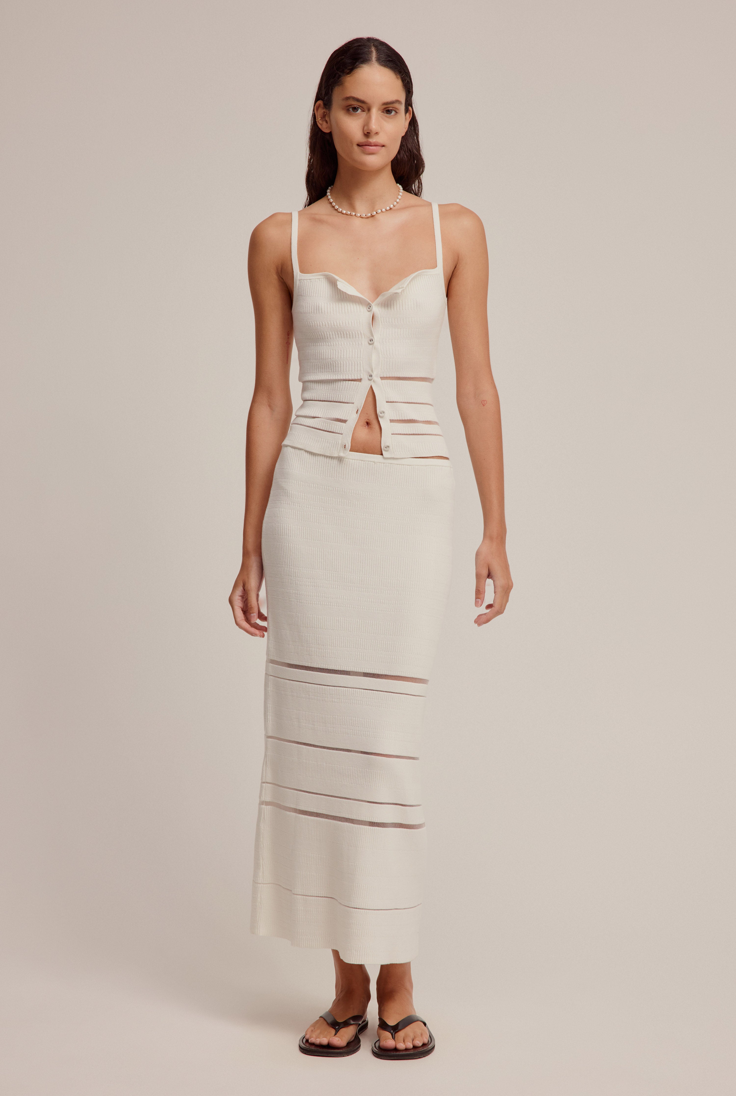 Ribbed Sheer Stripe Skirt - Off White