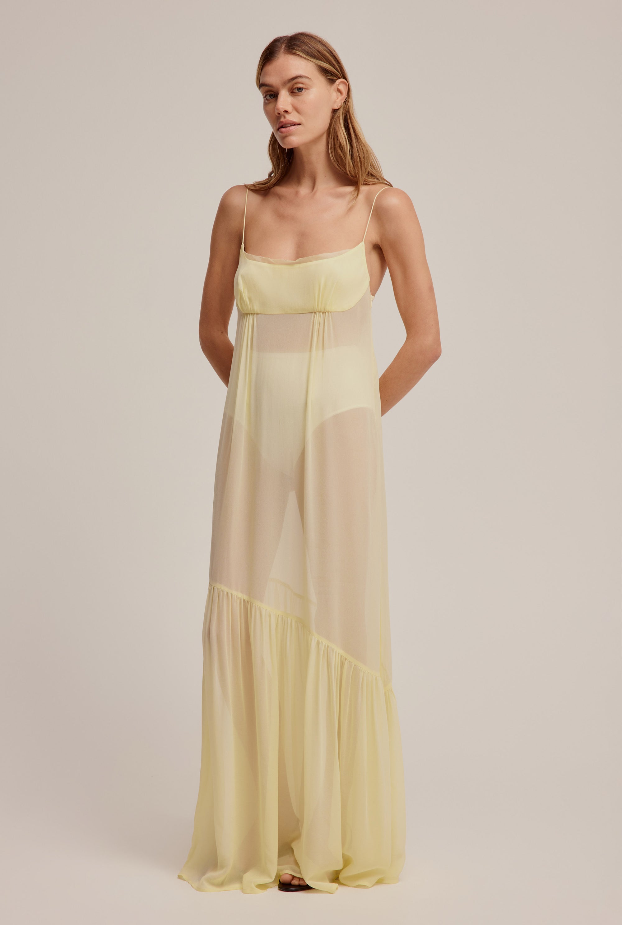 Sheer Panelled Bodice Dress - Dusty Yellow