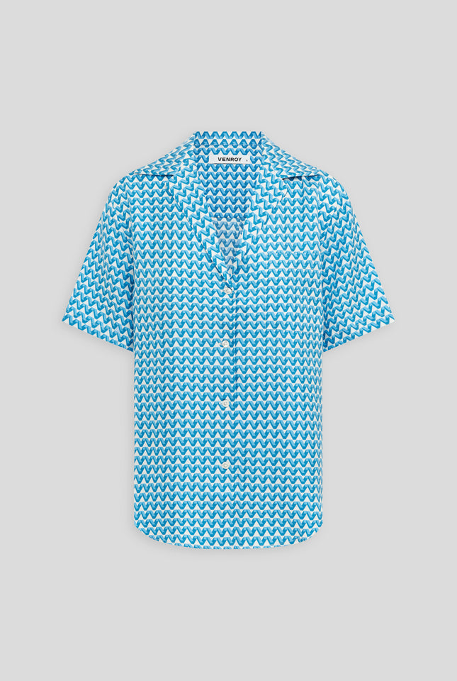 Short Sleeve Silk Camp Collar Shirt - Azure Blue V Monogram