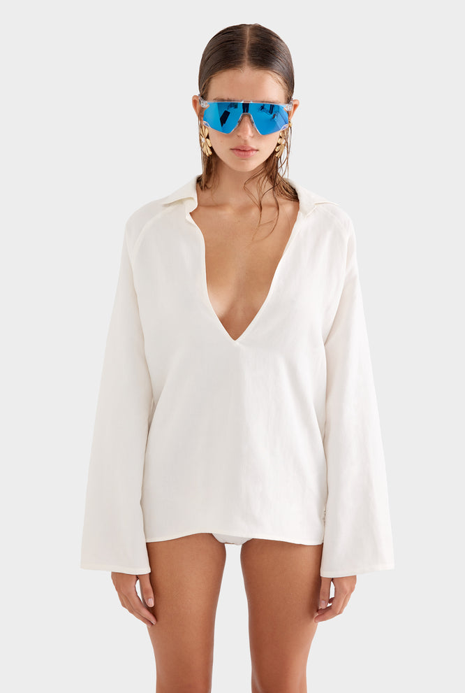 Silk Linen Plunge Shirt - Cream