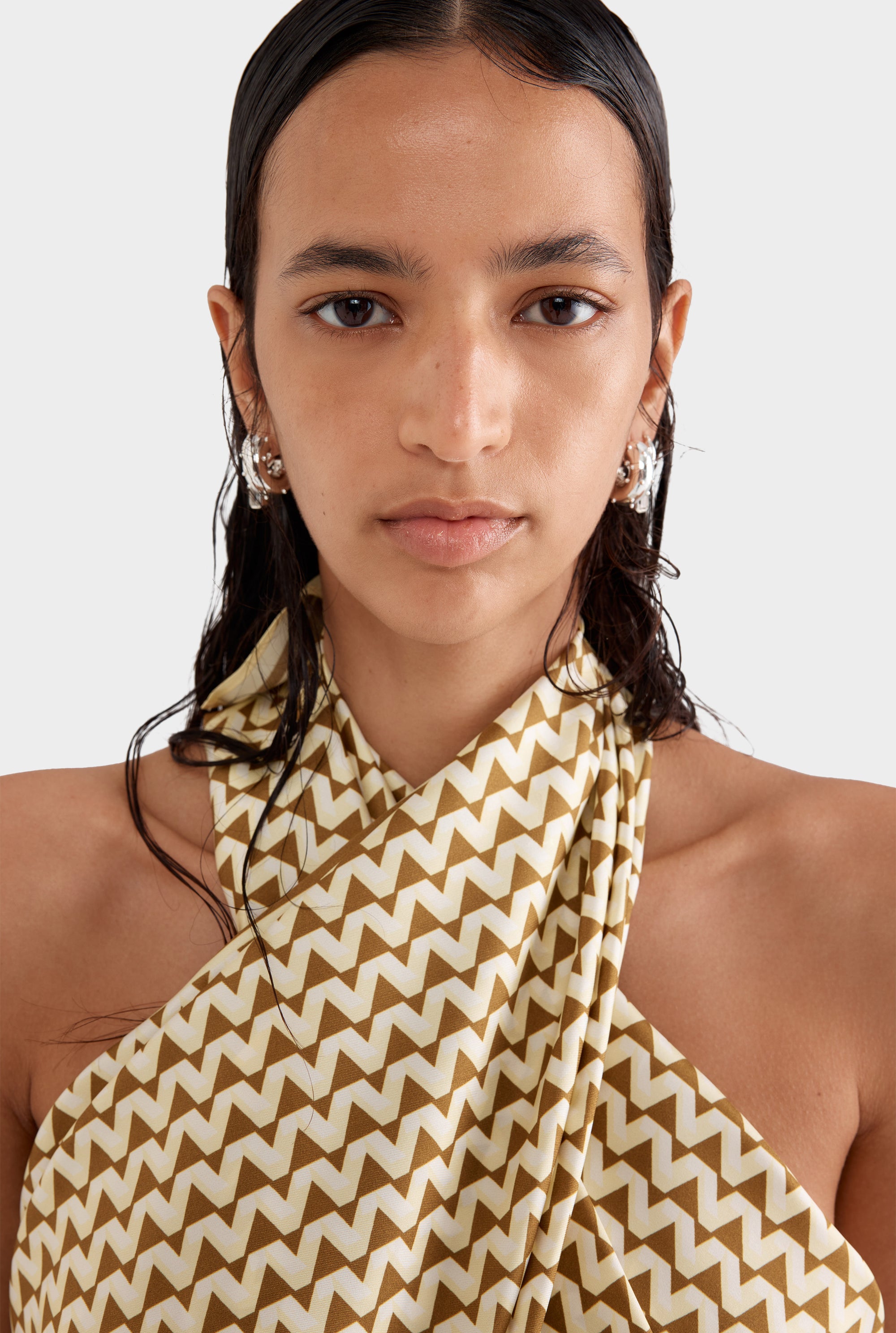 Silk Scarf - Pastel Yellow/Tapenade V Monogram