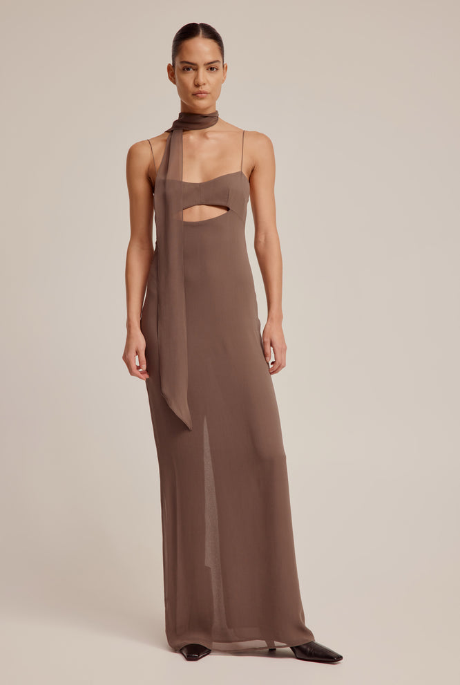 Silk Scarf Dress - Brown
