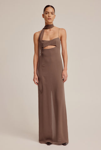 Silk Scarf Dress - Brown