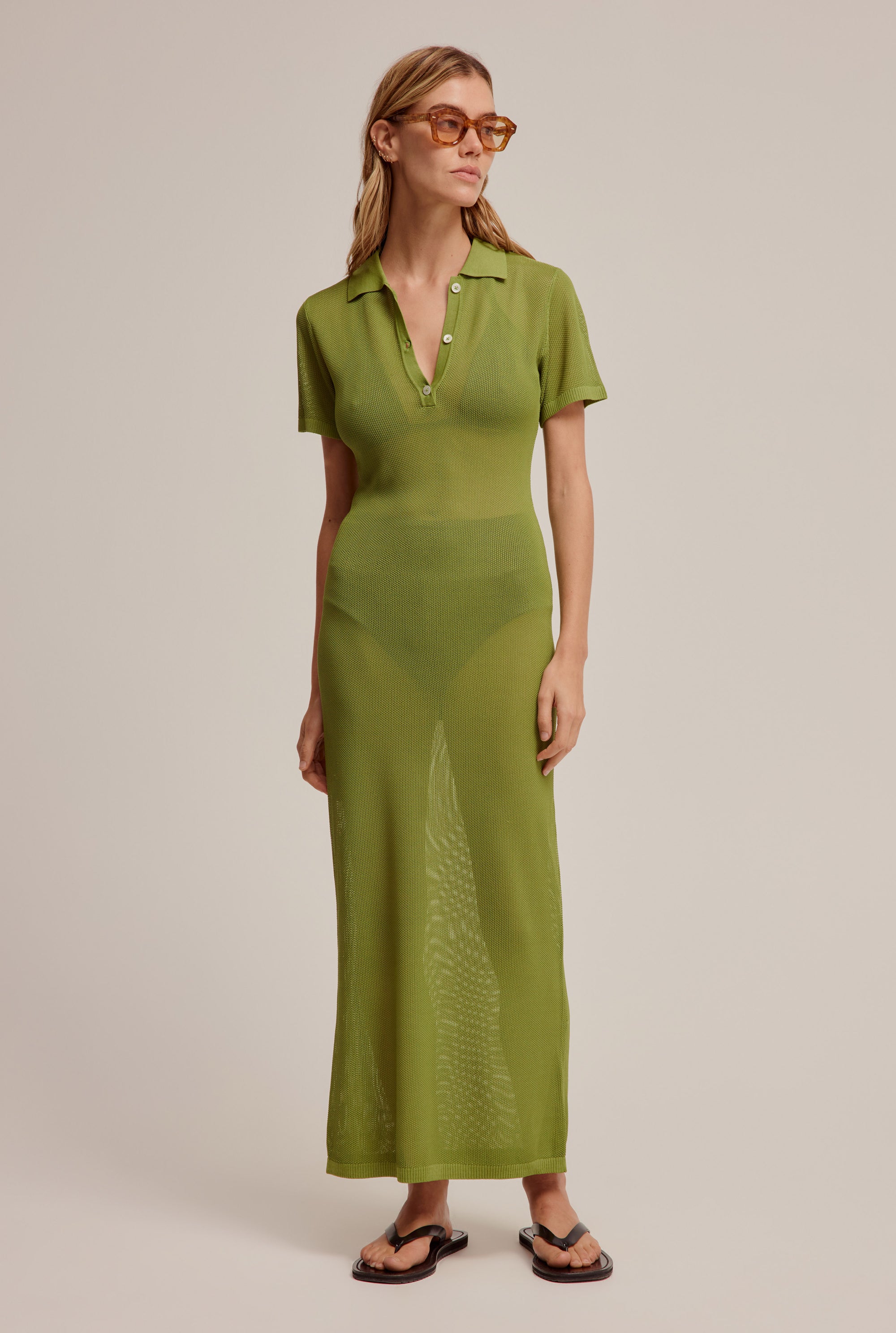 Slinky Knitted Polo Dress - Leaf Green