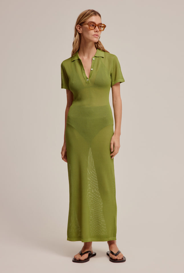 Slinky Knitted Polo Dress - Leaf Green