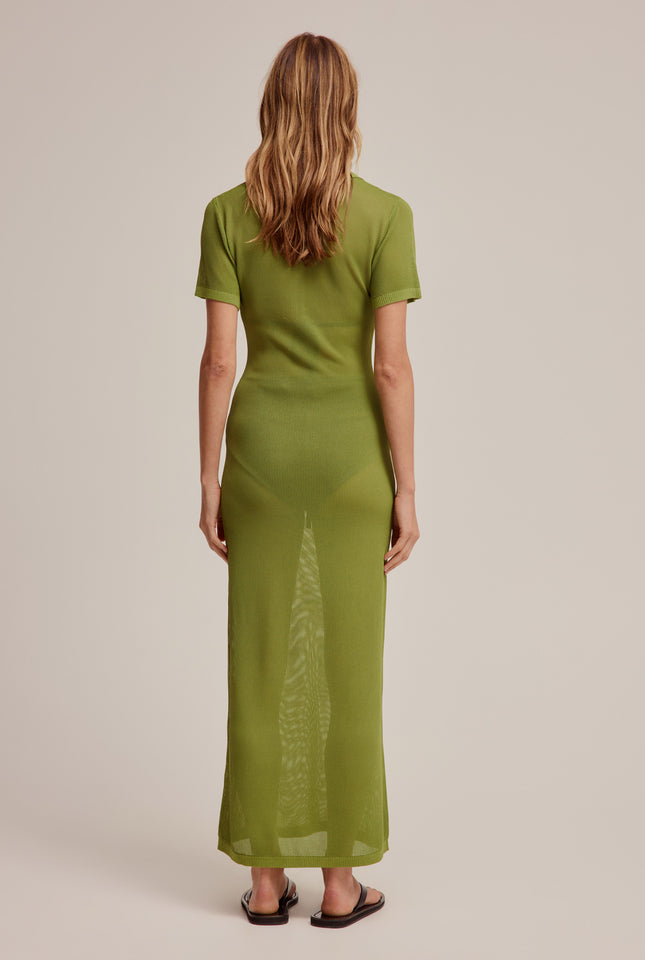 Slinky Knitted Polo Dress - Leaf Green