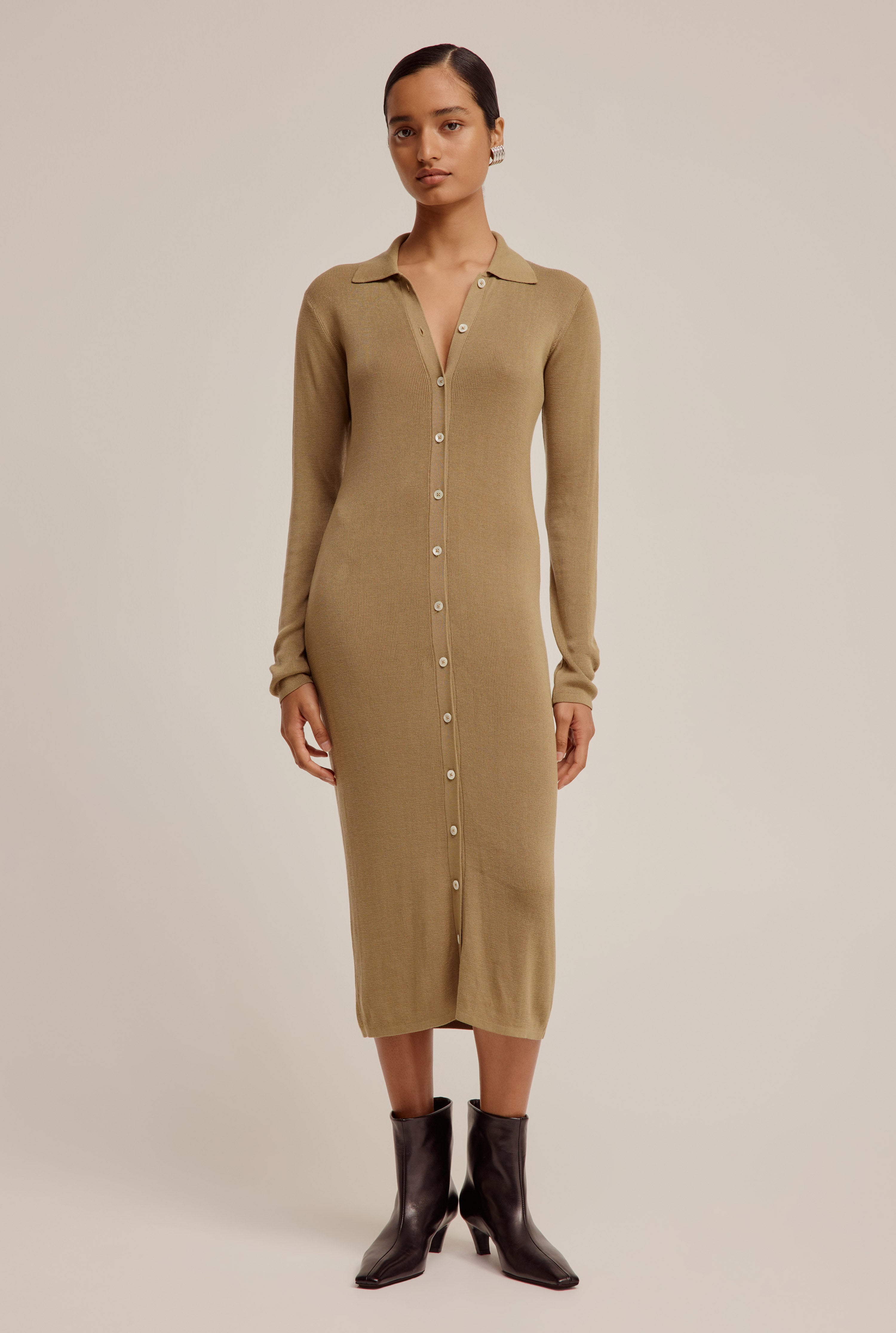 Tencel Button Up Midi Dress - Pale Olive