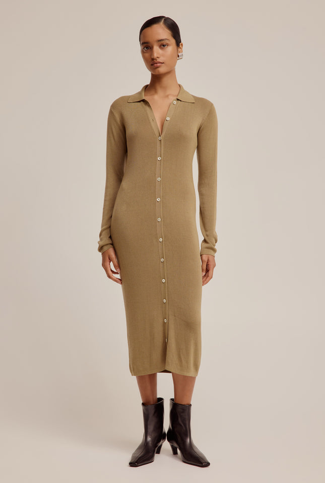 Tencel Button Up Midi Dress - Pale Olive