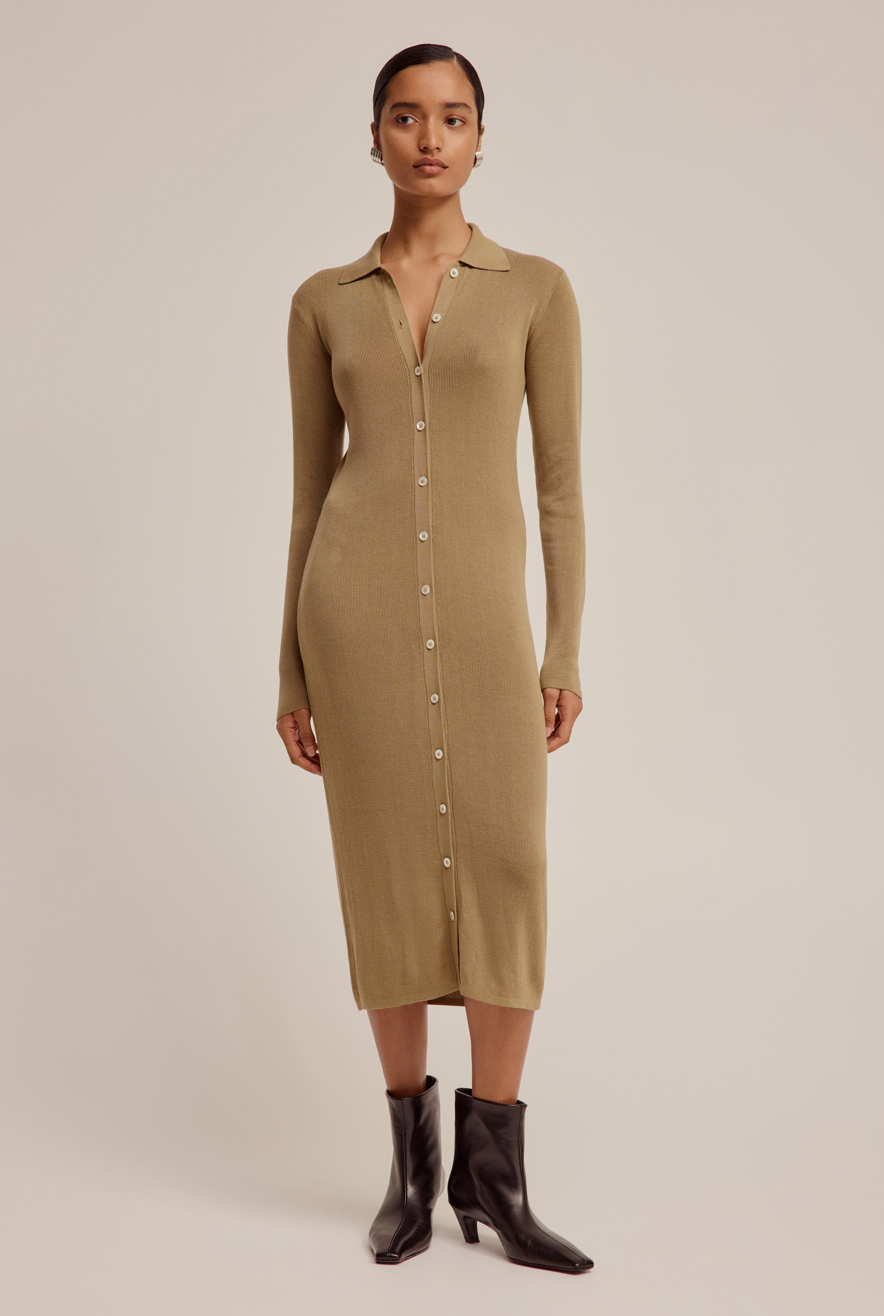 Tencel Button Up Midi Dress - Pale Olive