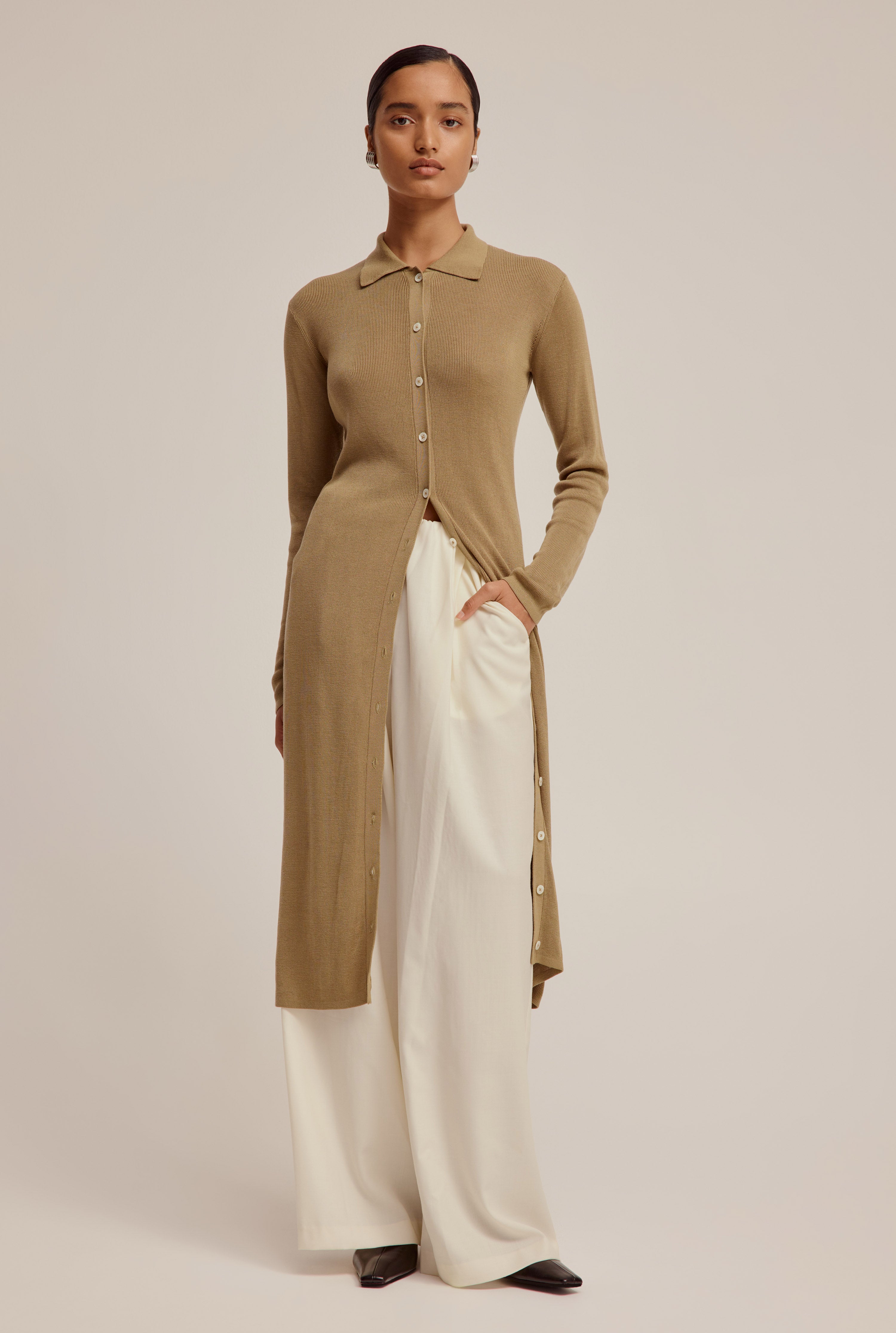 Tencel Button Up Midi Dress - Pale Olive