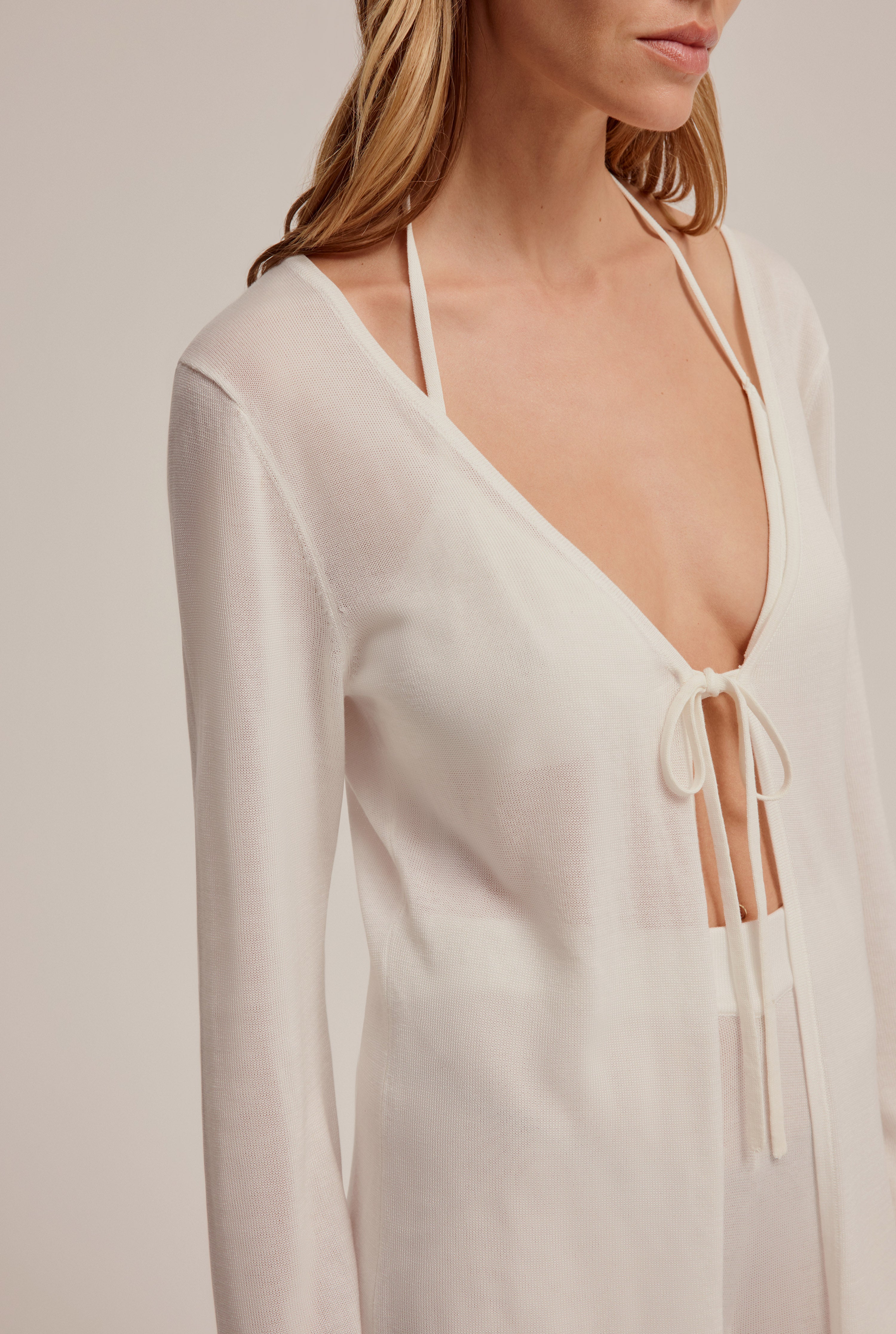 Tencel Knit Tie Front Top - Off White