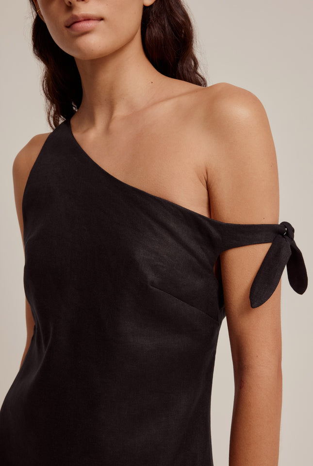 Side Tie Linen Mini Dress - Black