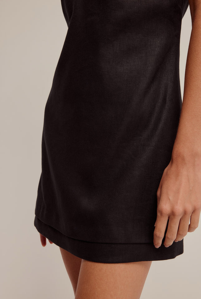 Side Tie Linen Mini Dress - Black