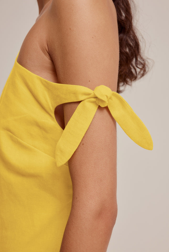 Side Tie Linen Mini Dress - Daffodil