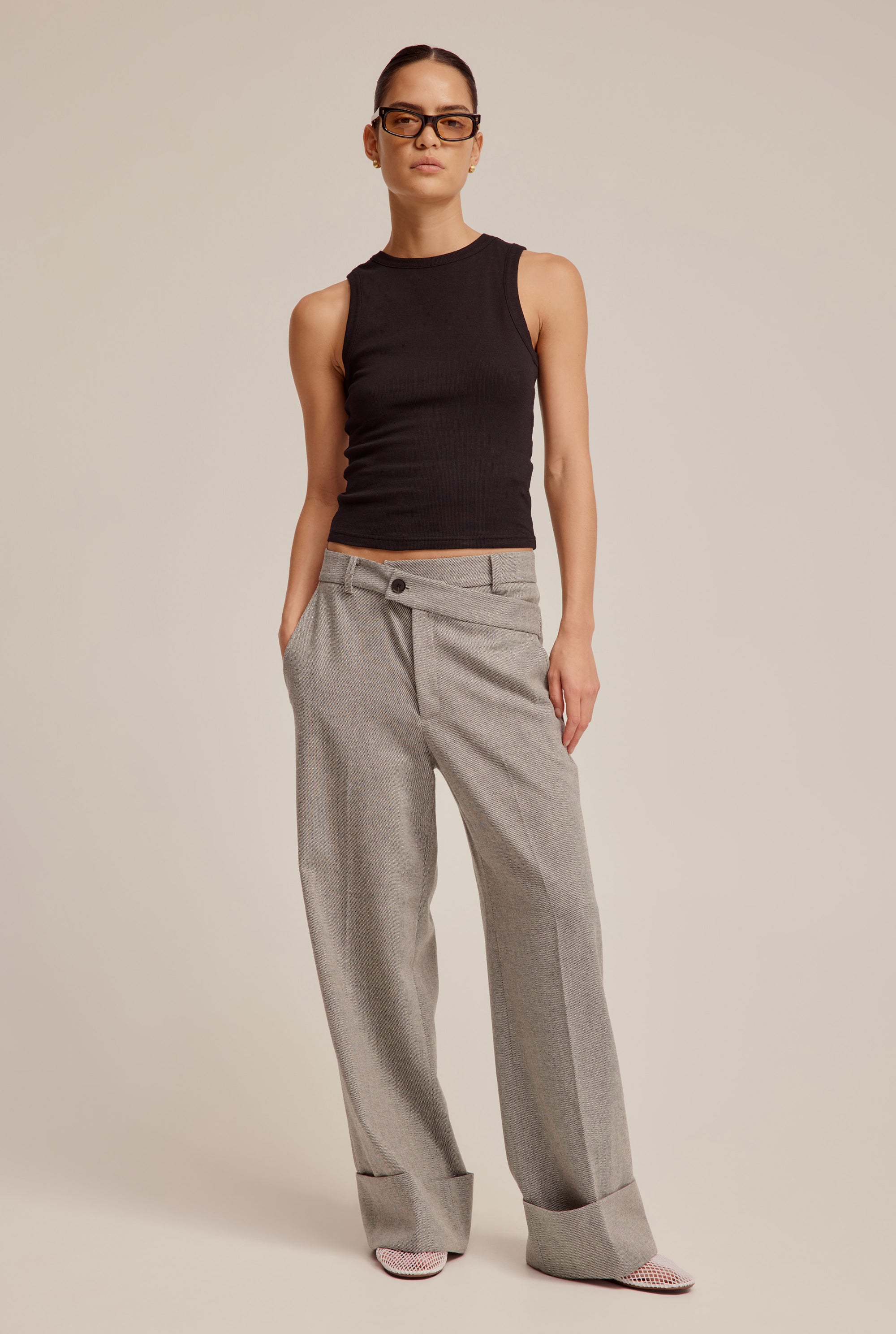 Wool Cuffed Wide Leg Pant - Grey Herringbone