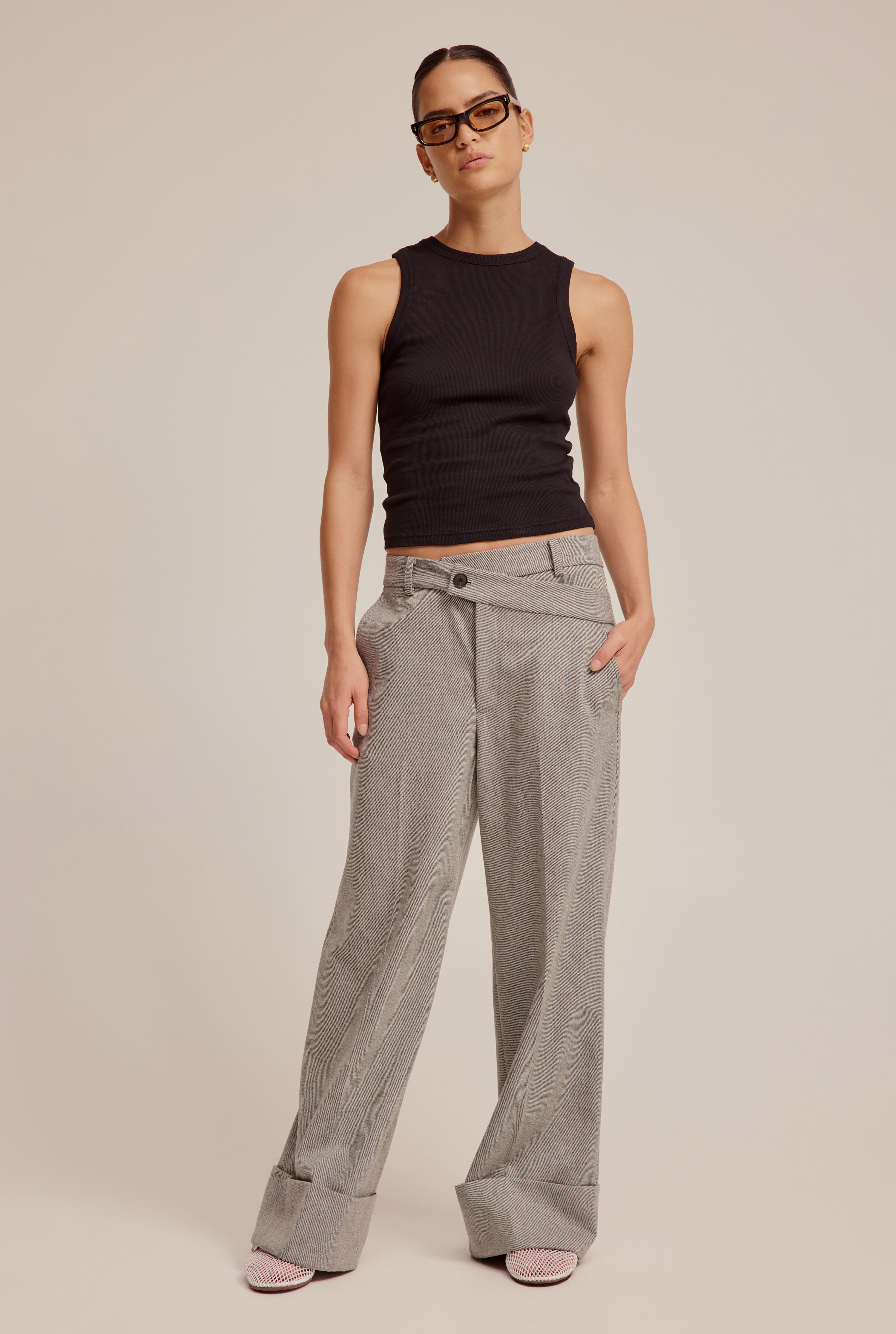 Wool Cuffed Wide Leg Pant - Grey Herringbone