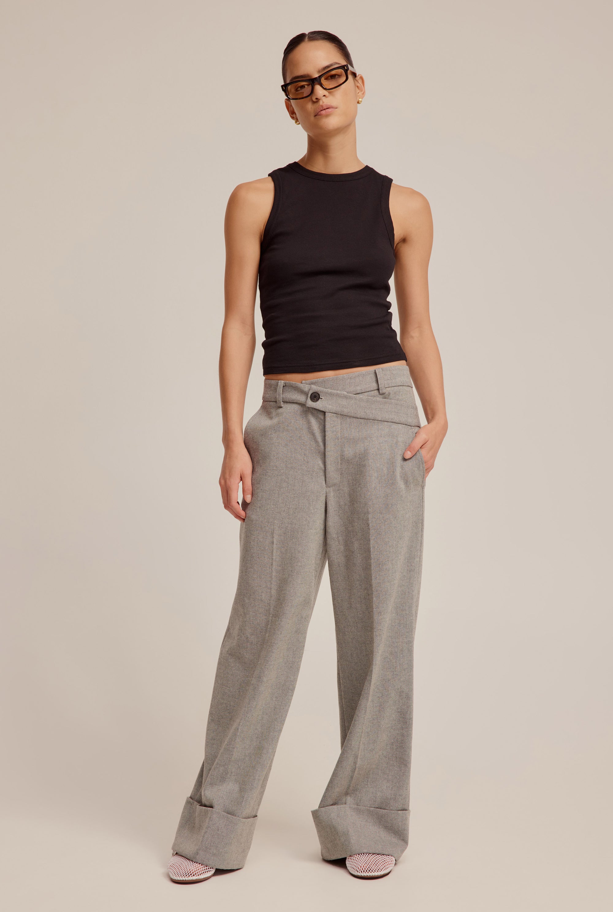 Wool Cuffed Wide Leg Pant - Grey Herringbone