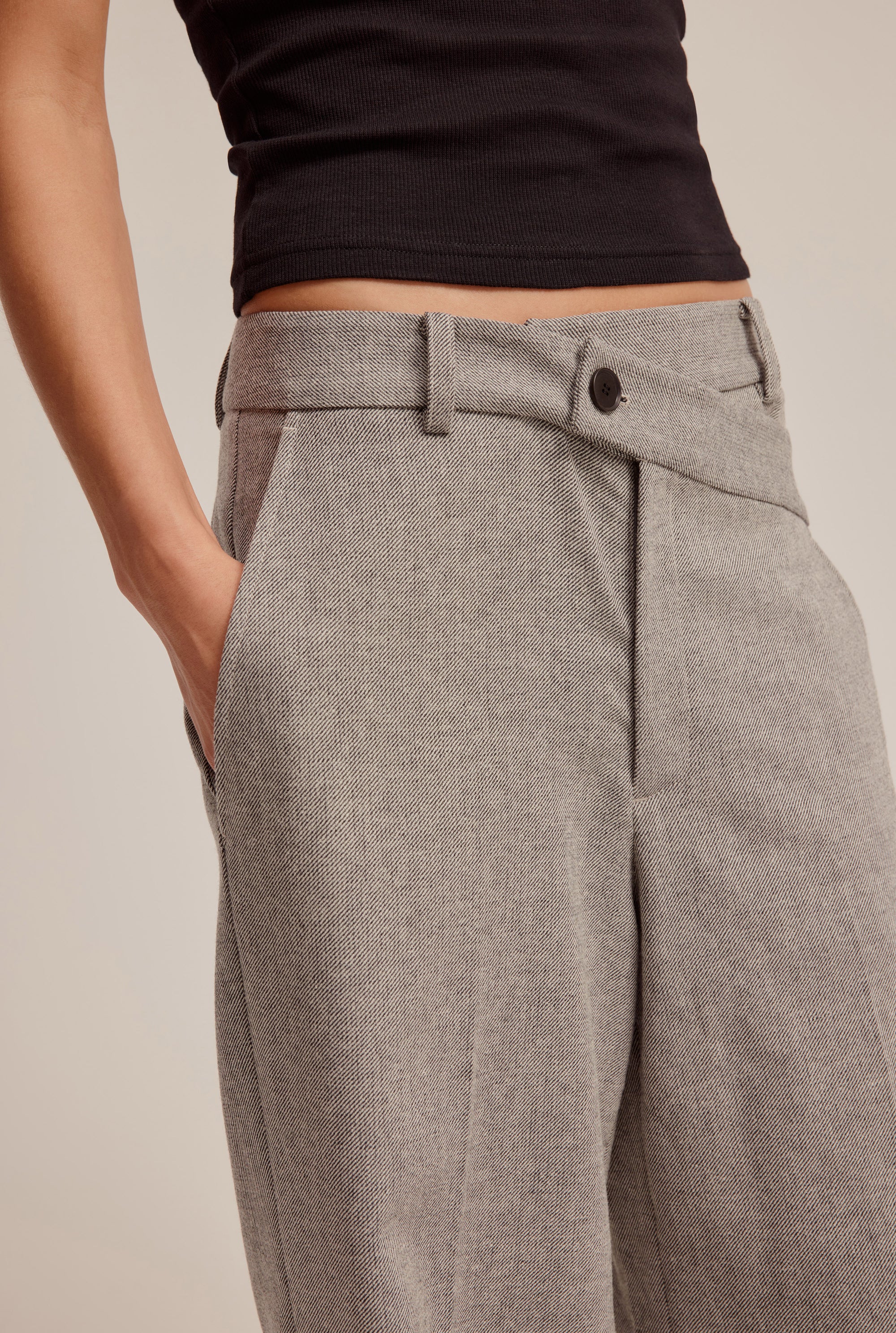 Wool Cuffed Wide Leg Pant - Grey Herringbone