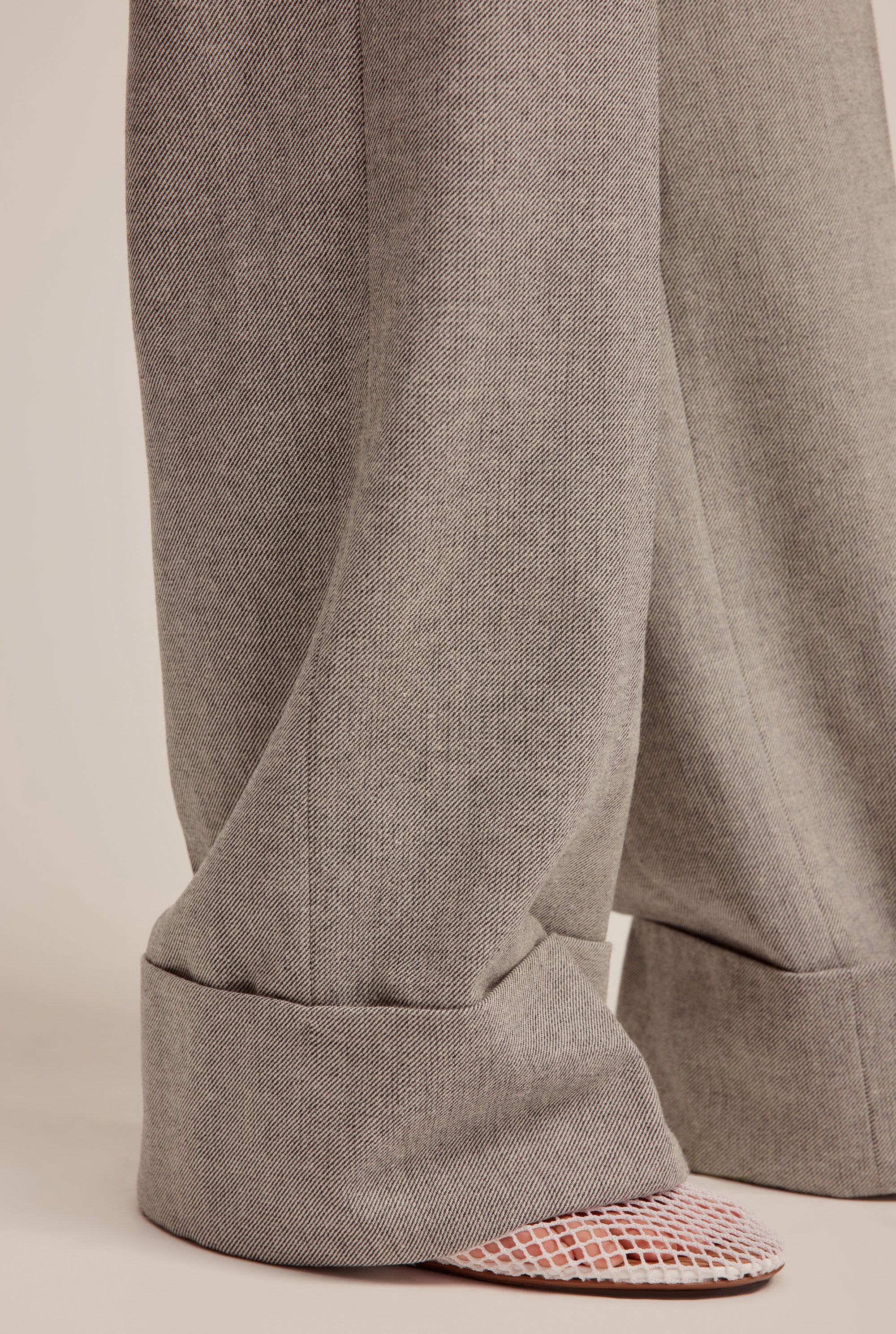 Wool Cuffed Wide Leg Pant - Grey Herringbone