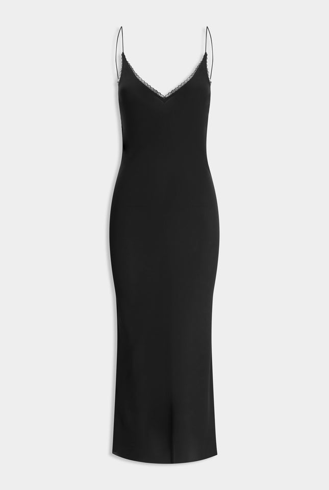 Lace Trim Silk Open Back Dress -  Black