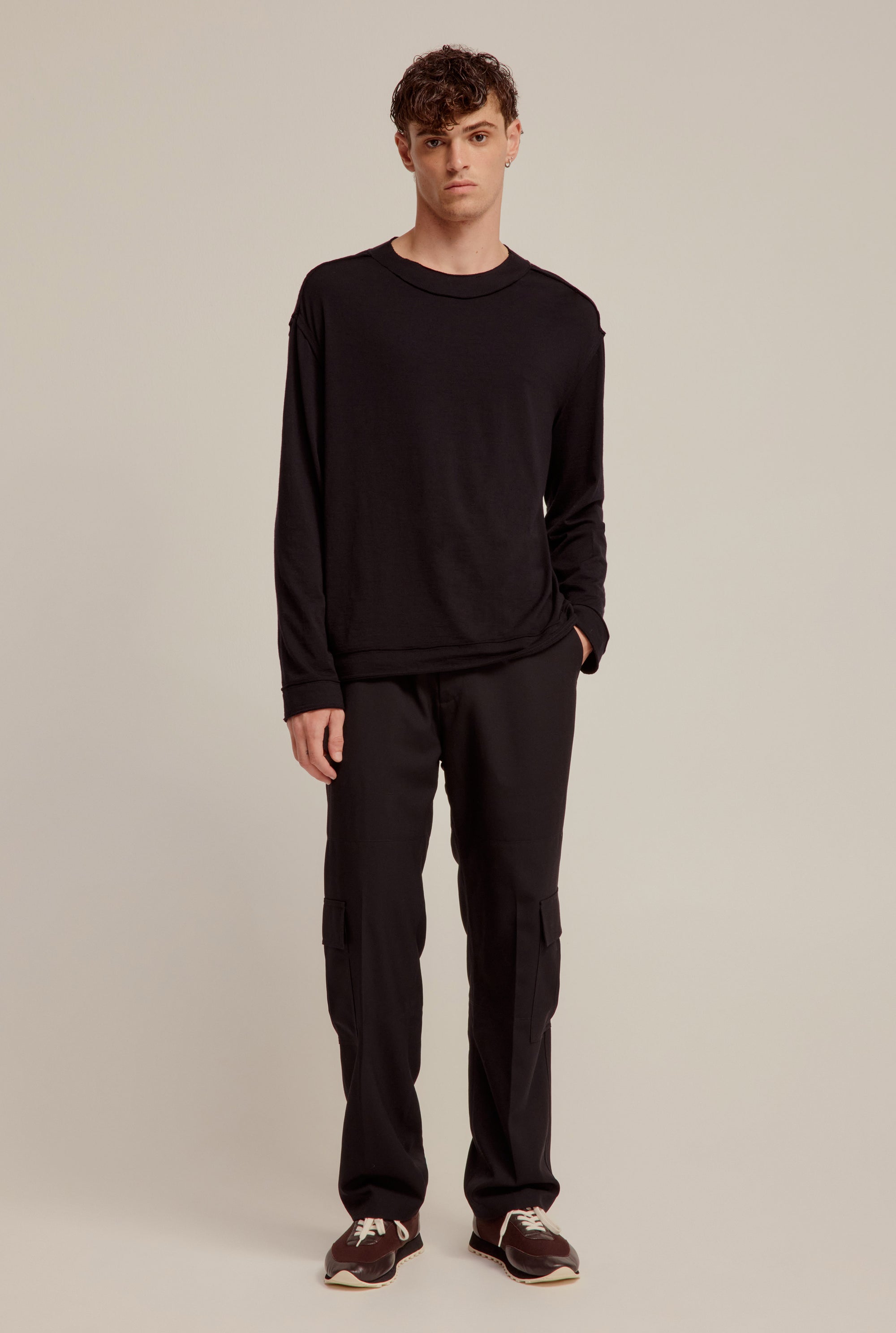 Long Sleeve Raw Edge Wool Jersey Top - Black