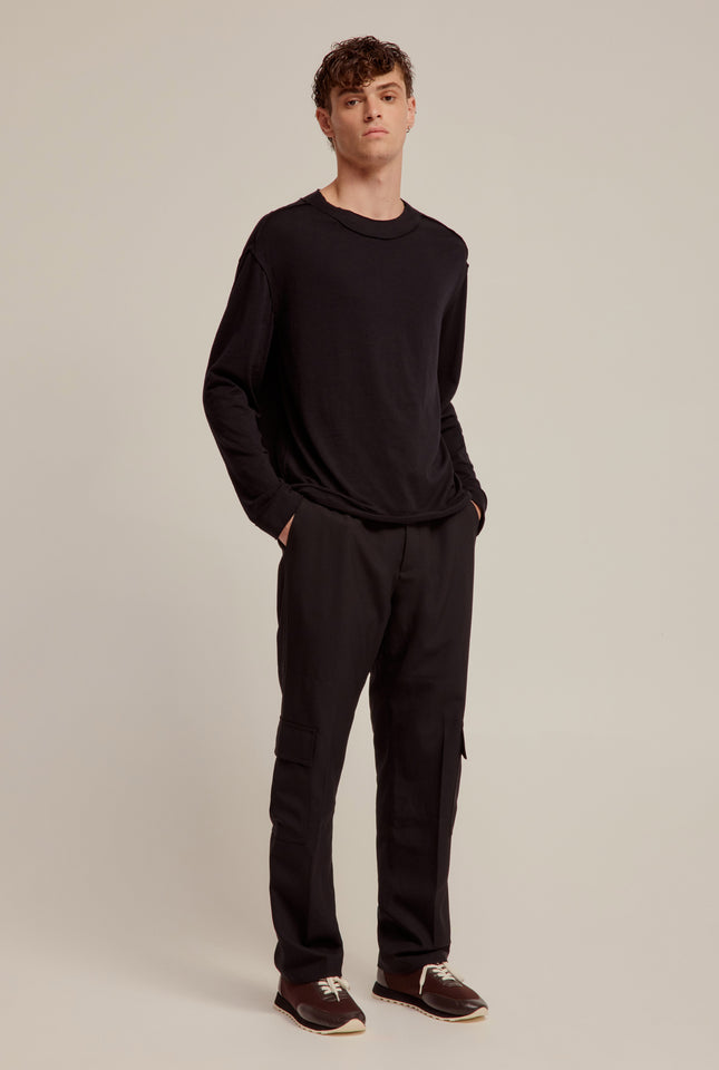 Long Sleeve Raw Edge Wool Jersey Top - Black