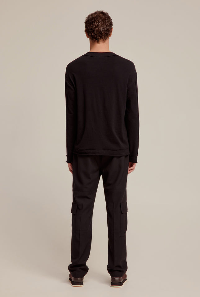 Long Sleeve Raw Edge Wool Jersey Top - Black