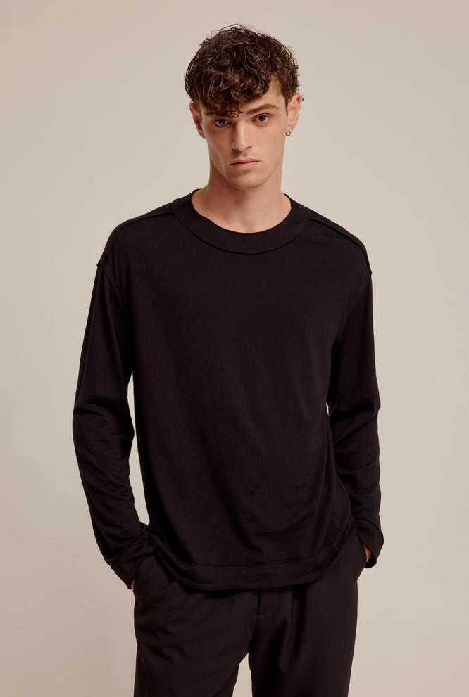 Long Sleeve Raw Edge Wool Jersey Top - Black