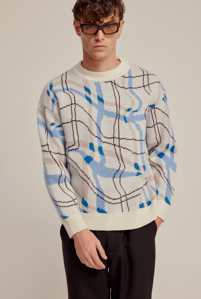 Wool Warped Check Intarsia Sweater - Off White/Blue Check